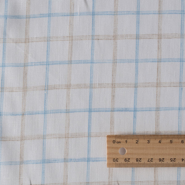 Yarn-dyed check pattern linen fabric in earth and sky hues, ideal for elegant and natural clothing.