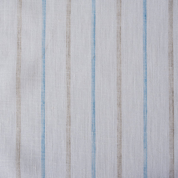 Yarn-dyed striped linen fabric in earth and sky tones, perfect for creating elegant and comfortable apparel.