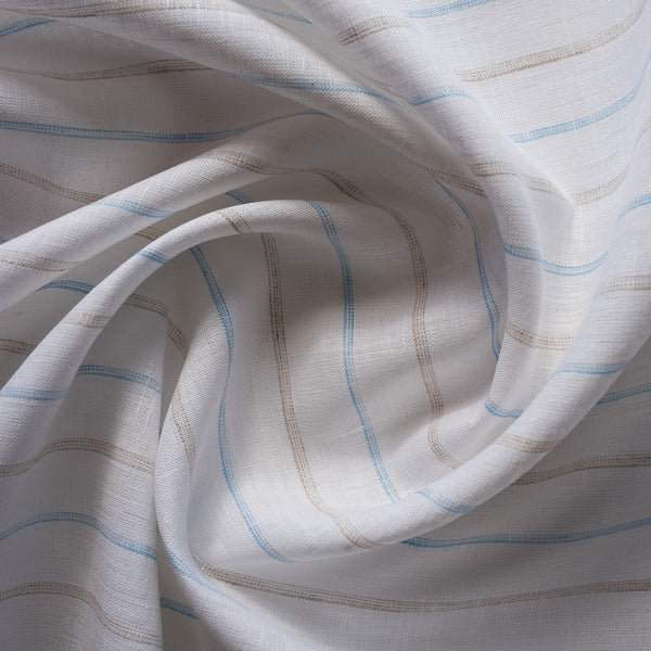 Yarn-dyed striped linen fabric in earth and sky tones, perfect for creating elegant and comfortable apparel.