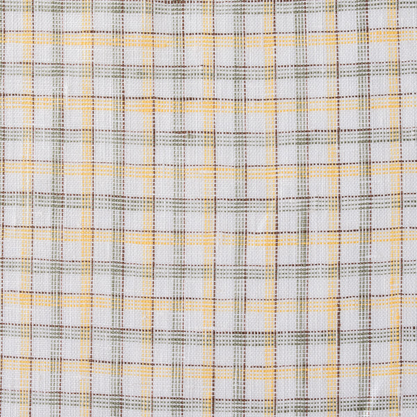 Country Lane Plaid Linen Fabric featuring moss green, light yellow, and brown threads on a cream background, ideal for creating small-scale, fine plaid garments.