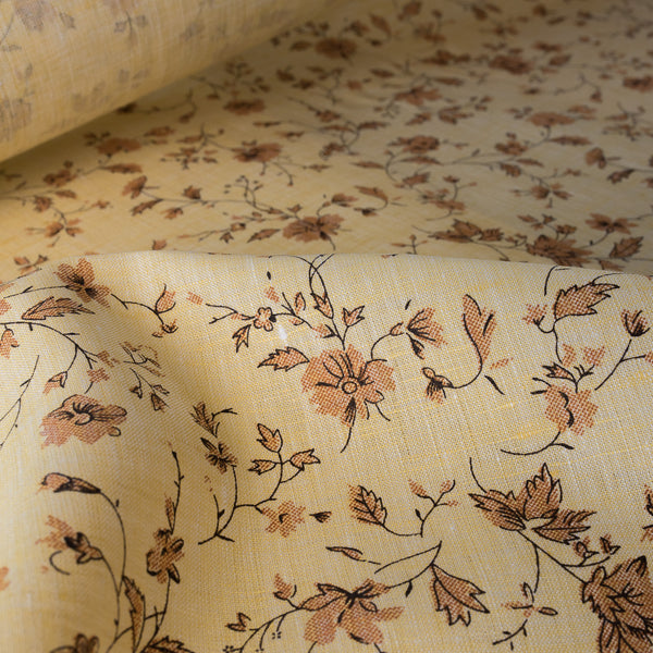 Delicate floral print on lightweight Summer Floral Garden linen fabric, ideal for crafting elegant summer wardrobe pieces.