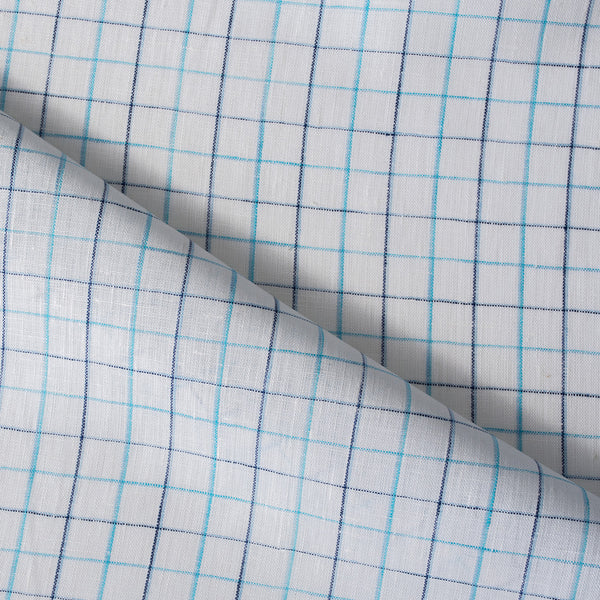 Summer Blues Check 100% Linen Fabric featuring fine blue checks on a white background, ideal for a variety of summer garments