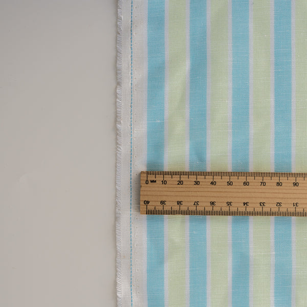 Aqua & Green Striped Linen Blend Fabric. Lightweight linen-cotton blend fabric with green and blue stripes, ideal for comfortable and stylish clothing and home décor