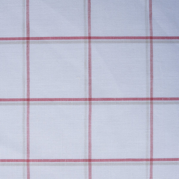 Harmony Checks Linen Blend Fabric. A lightweight linen-cotton blend fabric with a plaid pattern of thin red stripes forming a grid on a light beige background, indicating a composition of 52% linen and 48% cotton and a weight of 135 GSM.