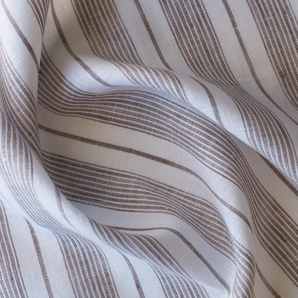 White & Light Brown Striped 100% Linen Fabric