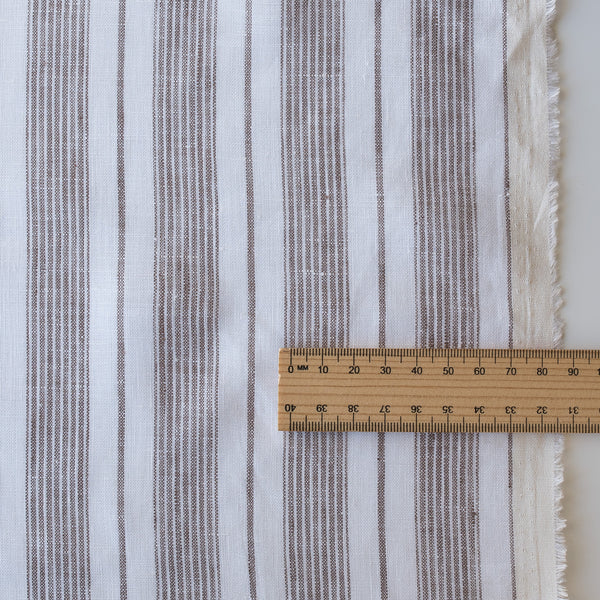 White & Light Brown Striped 100% Linen Fabric
