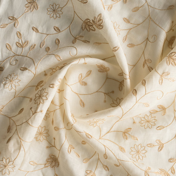 Ivory Bloom Embroidered Linen Fabric – lightweight natural linen with tonal leafy vine embroidery
