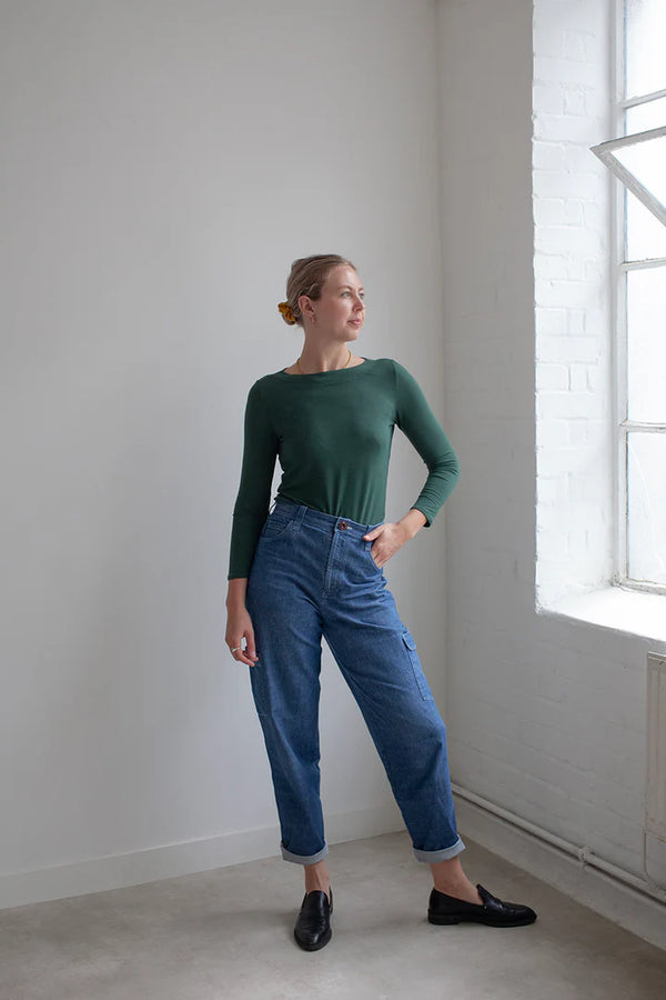 Versatile Boatneck Top sewing pattern, ideal for beginners, suitable for stretchy jersey fabrics, and perfect for year-round fashion.