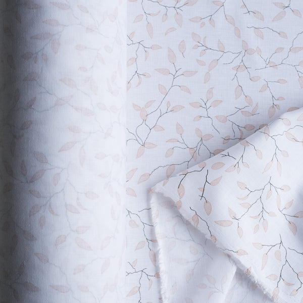 Elegant Beige Leaf Linen-Cotton Blend Fabric with natural slub and branch pattern