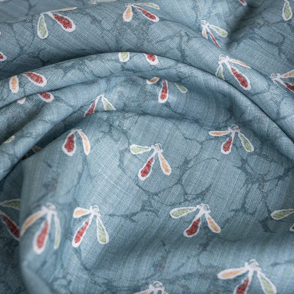 Contemporary Blue-Grey Print Linen Blend Fabric with marble and birdfoot pattern.