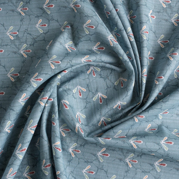Contemporary Blue-Grey Print Linen Blend Fabric with marble and birdfoot pattern.