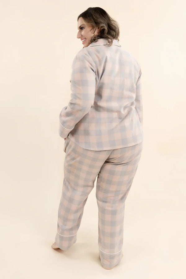 Elegant Carolyn Pajamas set with classic notched collar, customizable sleeve options, and contrasting piping details, designed for intermediate sewers