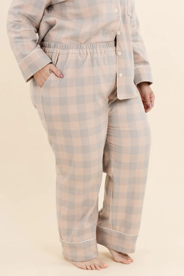 Elegant Carolyn Pajamas set with classic notched collar, customizable sleeve options, and contrasting piping details, designed for intermediate sewers