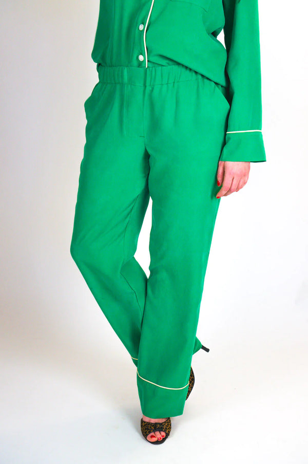Elegant Carolyn Pajamas set with classic notched collar, customizable sleeve options, and contrasting piping details, designed for intermediate sewers