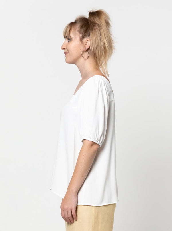 Clementine Top & Dress Sewing Pattern - A-line top with square neck and puffed elbow-length sleeves, easy fit, calf-length dress with gathered tier, suitable for silk, rayon, or any soft flowing fabric