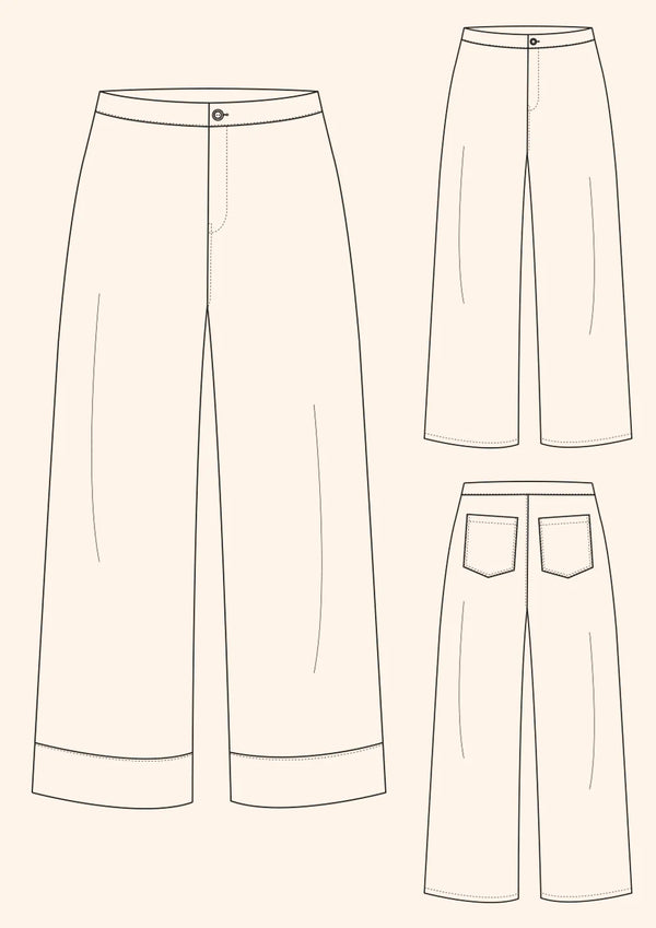 Stylish Daphne Trousers pattern featuring a high waist, wide leg, and customizable fit, available in UK sizes 4-28 for the fashion-forward sewer.