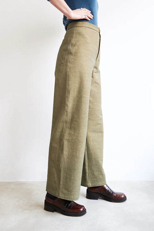 Stylish Daphne Trousers pattern featuring a high waist, wide leg, and customizable fit, available in UK sizes 4-28 for the fashion-forward sewer.