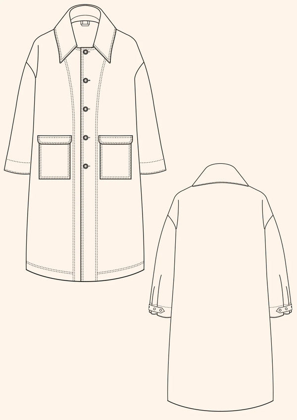 Stylish Darcy Coat pattern, ideal for layering over any outfit, with options for lining and pockets, available in sizes 4-28 for a tailored fit.