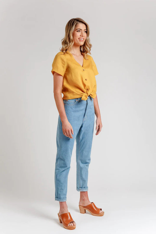 Versatile Darling Ranges dress and blouse pattern with deep v-neck, high waistline, and multiple sleeve lengths, suitable for a range of fabrics and styles.