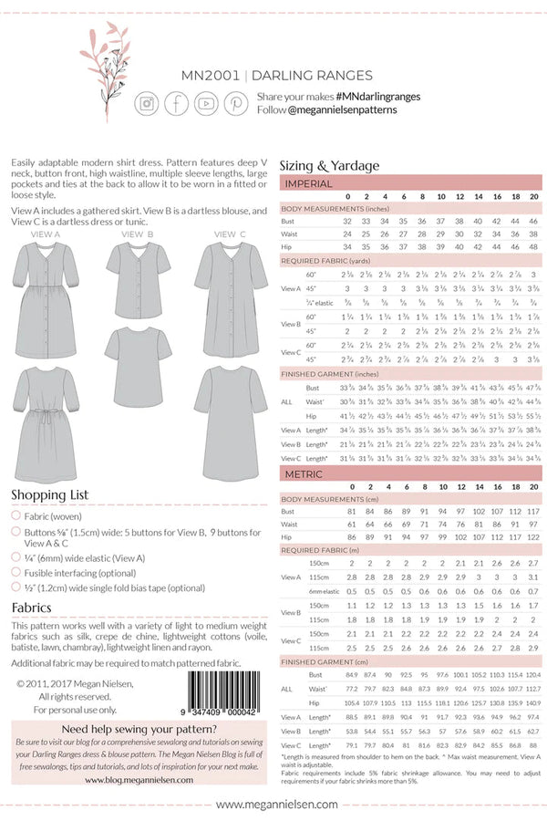 Versatile Darling Ranges dress and blouse pattern with deep v-neck, high waistline, and multiple sleeve lengths, suitable for a range of fabrics and styles.