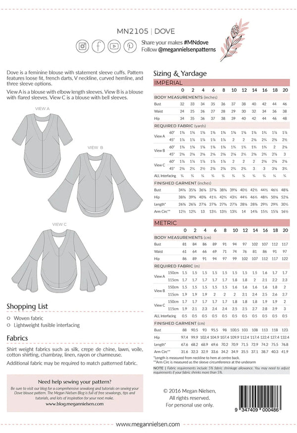 Dove blouse sewing pattern by Megan Nielsen with statement sleeve cuffs, french darts, v neckline, and curved hemline, available in three sleeve variations.