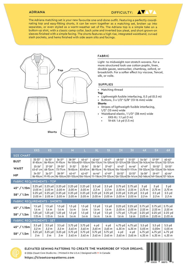 A sewing pattern cover page for Adriana's 'The Alhambra Matching Set' featuring a line drawing of a matching three-piece set, fabric descriptions, sizing tables, and sewing measurements.