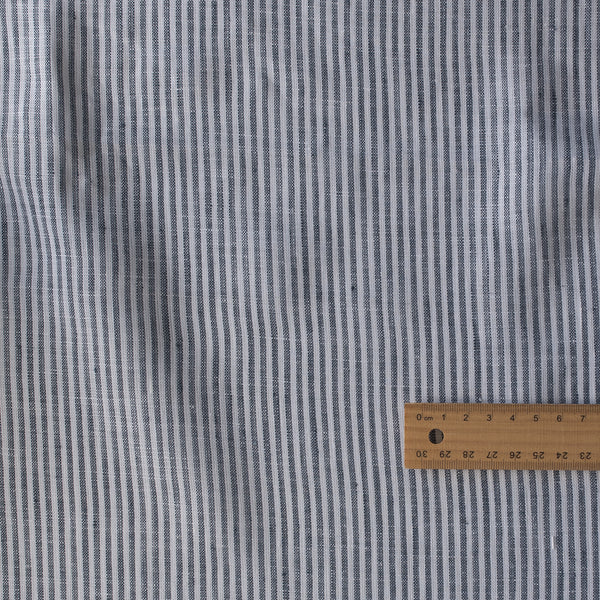 Graphite Stripe Linen Fabric – yarn-dyed deep grey stripes on crisp white background