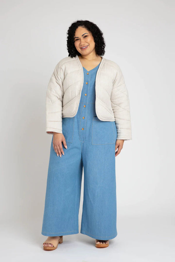 Hovea Curve multi-size sewing pattern for a loose-fit jacket & coat with multiple length options and deep angled pockets, ideal for light to medium-weight fabrics.