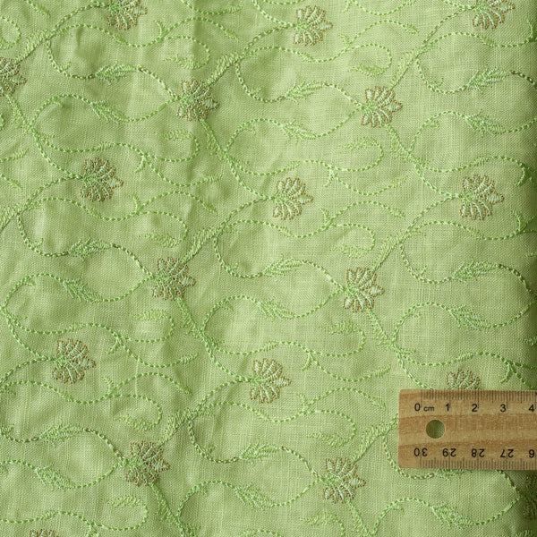 June Bud Green Embroidered Linen Fabric