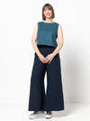 Loddon Woven Pant sewing pattern, featuring wide-leg, full-length pants with elastic waist, flat front waistband, and angled pockets, suitable for washed linen, crepe, viscose, or fine wool fabrics.