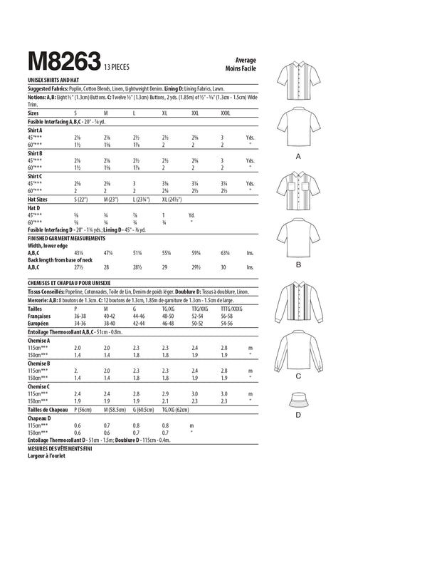 McCall's Sewing Pattern M8263 featuring unisex camp shirts with tucks and a bucket hat in four sizes, ideal for casual and beachwear.