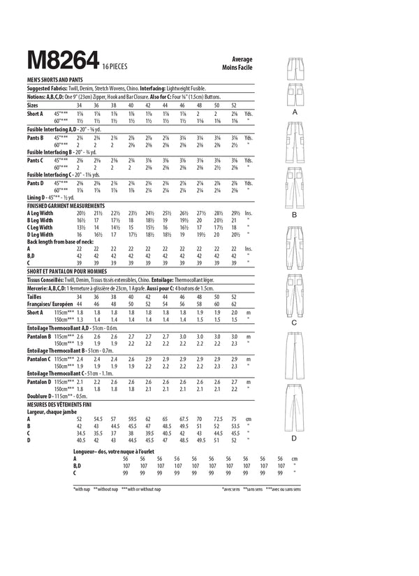 McCall's Sewing Pattern M8264 for men’s shorts and pants, featuring versatile styles like Bermuda shorts, tapered utility pants, and slim-leg slacks with pocket options.