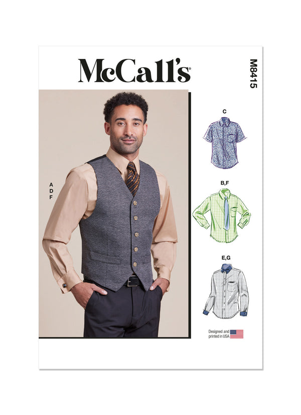 McCall's Sewing Pattern M8415 for men’s lined vest, button-front shirt, tie, and bow tie