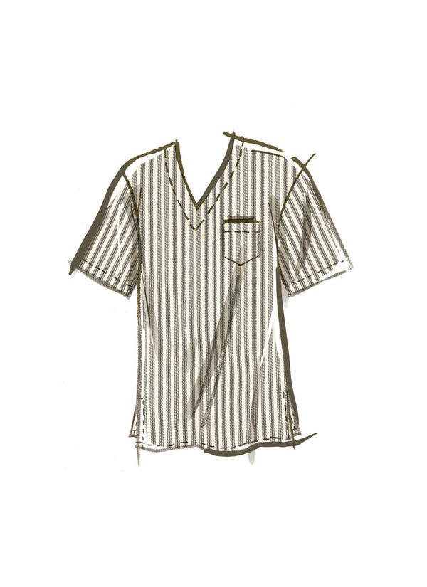 McCall's Sewing Pattern M8443 for men’s sleepwear, featuring a wrap robe, nightshirt, top, and pull-on pants and shorts.