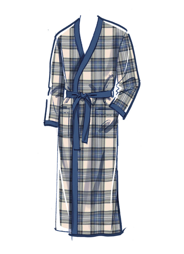 McCall's Sewing Pattern M8443 for men’s sleepwear, featuring a wrap robe, nightshirt, top, and pull-on pants and shorts.