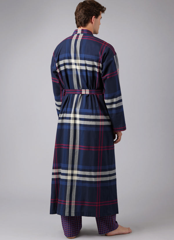 McCall's Sewing Pattern M8443 for men’s sleepwear, featuring a wrap robe, nightshirt, top, and pull-on pants and shorts.