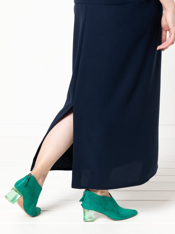 refined Meredith column dress sewing pattern featuring dolman sleeves and a round bound neck, ideal for creating an elegant silhouette in luxurious fabrics.