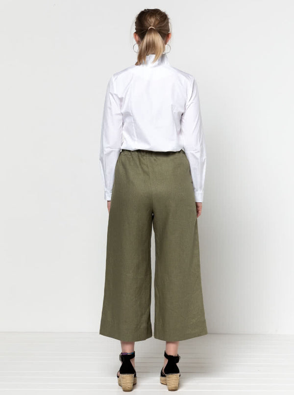 Milan woven pant sewing pattern featuring a wide leg, ankle length, and drawstring tie waist, designed for ultimate comfort in linen and cotton.