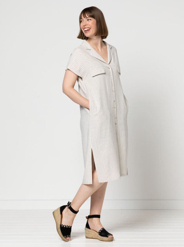 A versatile Monty 2-in-1 sewing pattern for a shirt and dress with a neat revere collar and extended shoulder line, suitable for various fabrics.