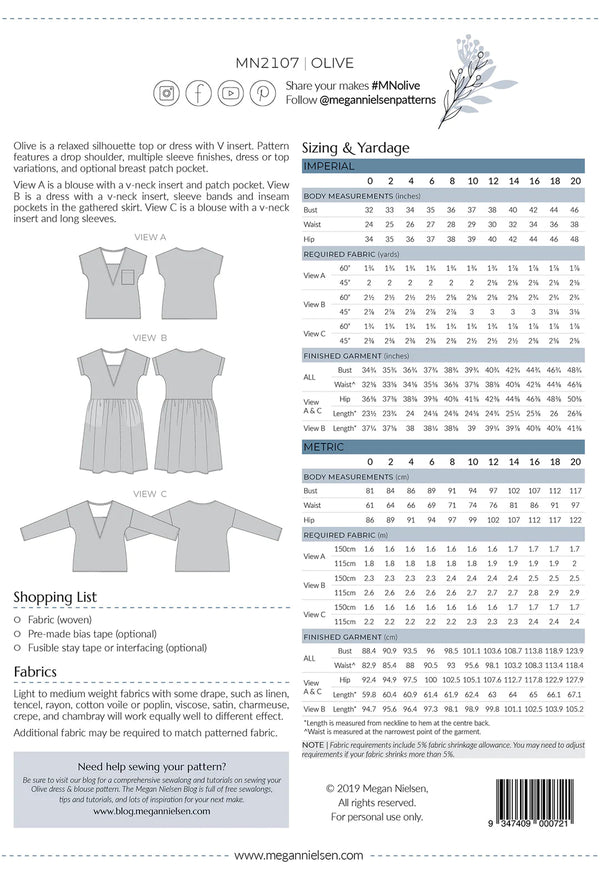 A relaxed silhouette Olive dress and top sewing pattern with a v-insert, drop shoulder, and multiple sleeve options, perfect for creating versatile garments.