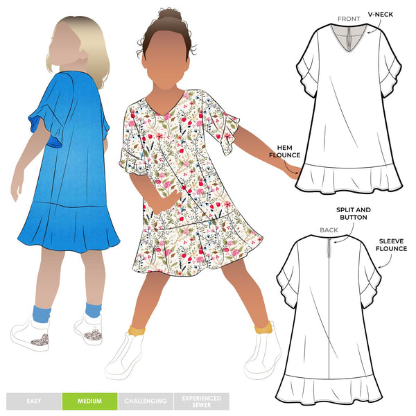 Adorable Pixie Kids Dress sewing pattern with an A-line shape, short flounce sleeves, and hem flounce, complete with a ‘V’ neck and loop & button back, perfect for young fashionistas