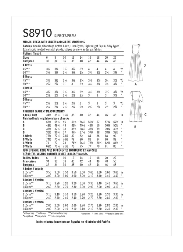 Misses' Dress S8910 Multi-Size Sewing Pattern