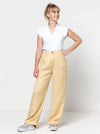 Spencer Woven Pant sewing pattern with wide leg design, cuffed hem, and detailed pockets, ideal for linen, wool, crepe, or gabardine fabrics.