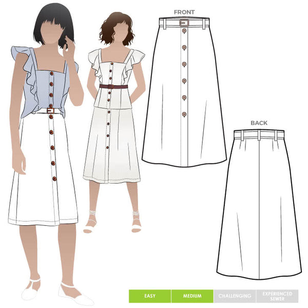 Stylish Sutton Woven Skirt sewing pattern featuring a mid-length A-line cut, button-through front, and belt, suitable for linen, crepe, or light wool