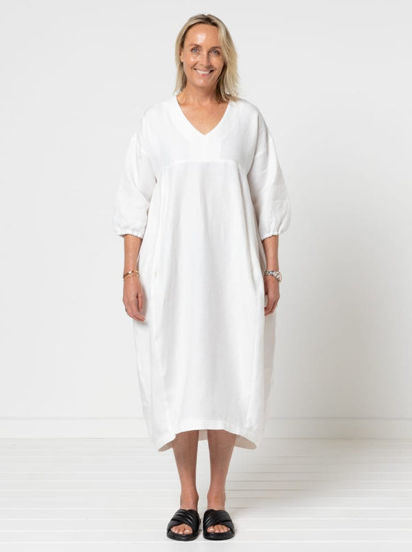 A chic, calf-length cocoon dress sewing pattern from the SYDNEY DRESS EXTENSION PACK, featuring multiple customization options for a personalized touch