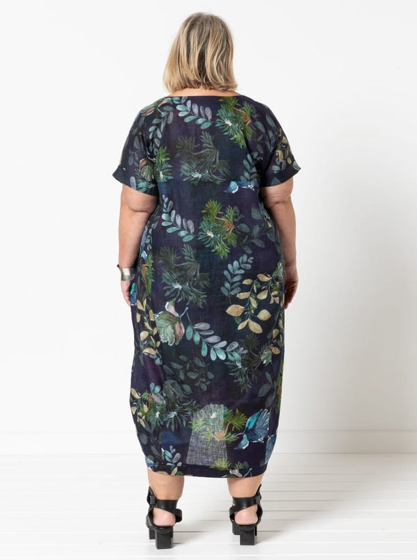 A chic, calf-length cocoon dress sewing pattern from the SYDNEY DRESS EXTENSION PACK, featuring multiple customization options for a personalized touch