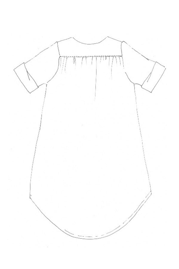 Dress Shirt sewing pattern, inspired by a classic grandpa shirt, featuring rolled-up and short sleeves.