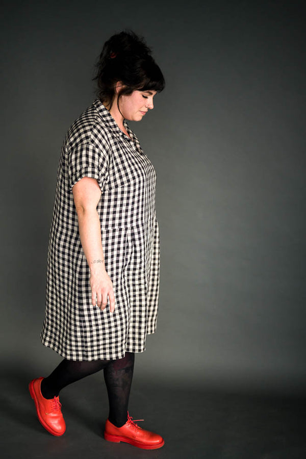 Twenties-inspired Factory Dress sewing pattern with pockets and rolled-up sleeves by Merchant & Mills.