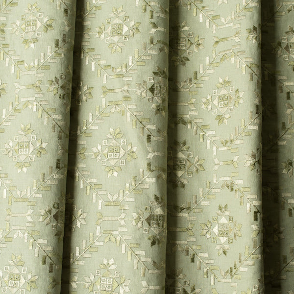 Elegant Urban Green Embroidered linen-cotton blend fabric with nature-inspired patterns, ideal for sophisticated and versatile creations.
