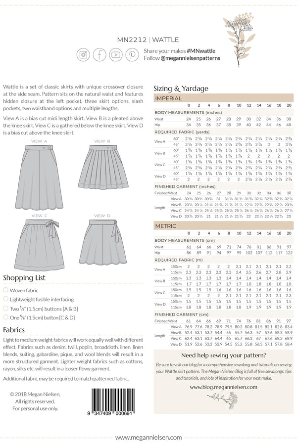 Wattle Skirt Sewing Pattern - Bias Cut Midi Length Skirt, Pleated Skirt, Gathered Skirt, and Bias Cut Skirt